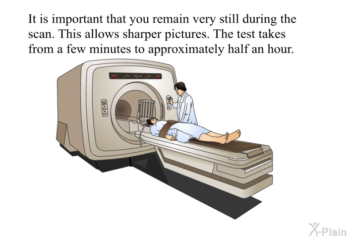 It is important that you remain very still during the scan. This allows sharper pictures. The test takes from a few minutes to approximately half an hour.