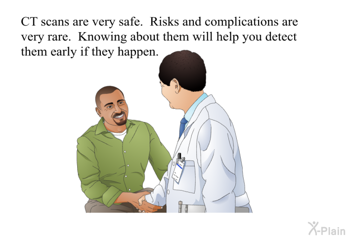 CT scans are very safe. Risks and complications are very rare. Knowing about them will help you detect them early if they happen.