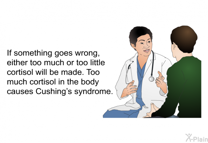 If something goes wrong, either too much or too little cortisol will be made. Too much cortisol in the body causes Cushing's syndrome.