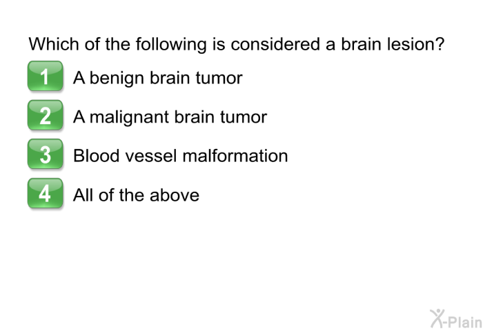 Which of the following is considered a brain lesion?  A benign brain tumor A malignant brain tumor Blood vessel malformation All of the above.