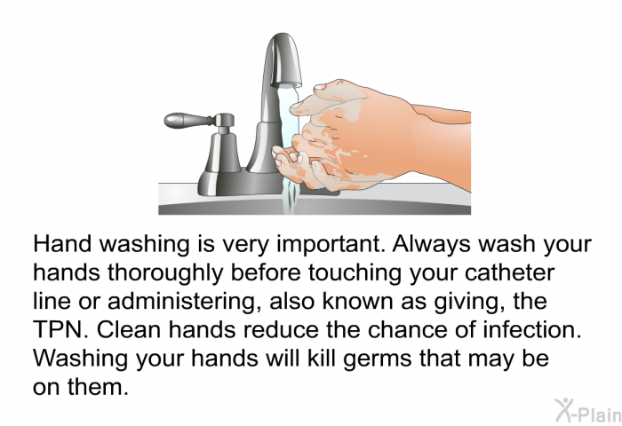 Hand washing is very important. Always wash your hands thoroughly before touching your catheter line or administering, also known as giving, the TPN. Clean hands reduce the chance of infection. Washing your hands will kill germs that may be on them.