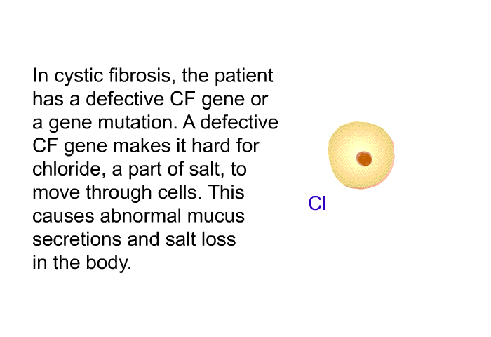 In cystic fibrosis, the patient has a defective CF gene or a gene mutation. A defective CF gene makes it hard for chloride, a part of salt, to move through cells. This causes abnormal mucus secretions and salt loss in the body.
