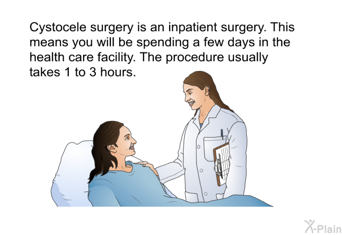 Cystocele surgery is an inpatient surgery. This means you will be spending a few days in the health care facility. The procedure usually takes 1 to 3 hours.