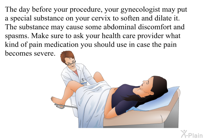 The day before your procedure, your gynecologist may put a special substance on your cervix to soften and dilate it. The substance may cause some abdominal discomfort and spasms. Make sure to ask your health care provider what kind of pain medication you should use in case the pain becomes severe.