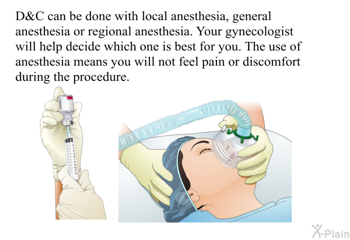 D&C can be done with local anesthesia, general anesthesia or regional anesthesia. Your gynecologist will help decide which one is best for you. The use of anesthesia means you will not feel pain or discomfort during the procedure.