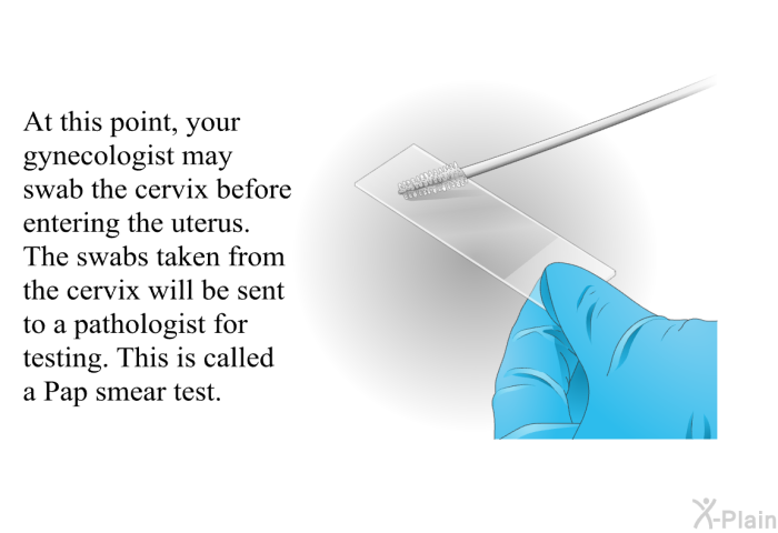 At this point, your gynecologist may swab the cervix before entering the uterus. The swabs taken from the cervix will be sent to a pathologist for testing. This is called a Pap smear test.