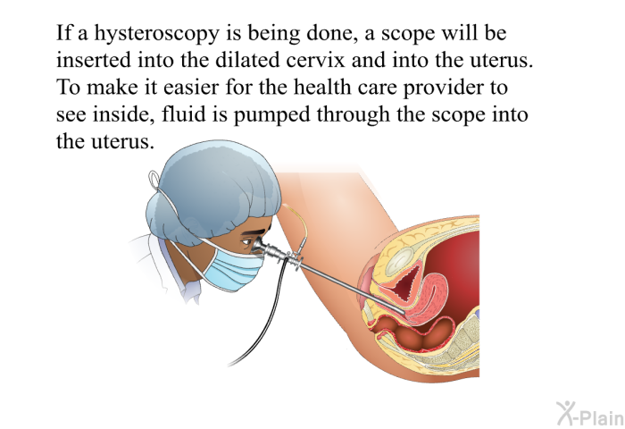If a hysteroscopy is being done, a scope will be inserted into the dilated cervix and into the uterus. To make it easier for the health care provider to see inside, fluid is pumped through the scope into the uterus.