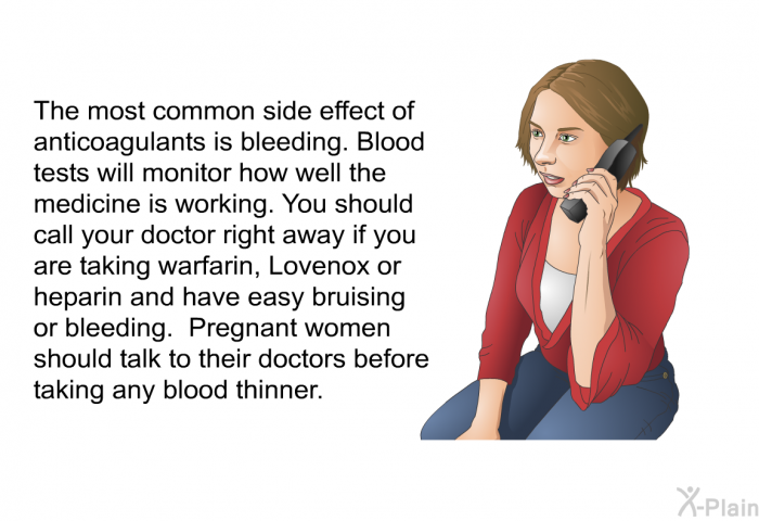 The most common side effect of anticoagulants is bleeding. Blood tests will monitor how well the medicine is working. You should call your doctor right away if you are taking warfarin, Lovenox or heparin and have easy bruising or bleeding. Pregnant women should talk to their doctors before taking any blood thinner.