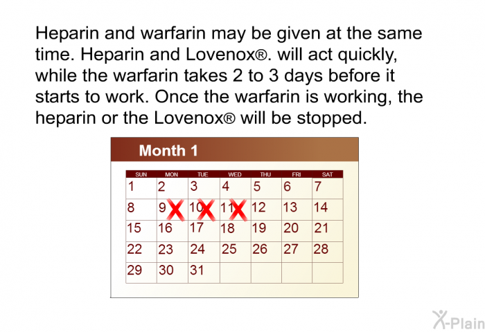 Heparin and warfarin may be given at the same time. Heparin and Lovenox  will act quickly, while the warfarin takes 2 to 3 days before it starts to work. Once the warfarin is working, the heparin or the Lovenox  will be stopped.