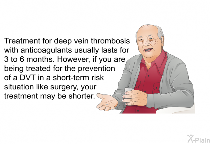 Treatment for deep vein thrombosis with anticoagulants usually lasts for 3 to 6 months. However, if you are being treated for the prevention of a DVT in a short-term risk situation like surgery, your treatment may be shorter.