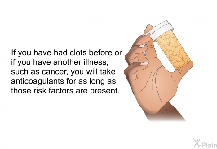 If you have had clots before or if you have another illness, such as cancer, you will take anticoagulants for as long as those risk factors are present.