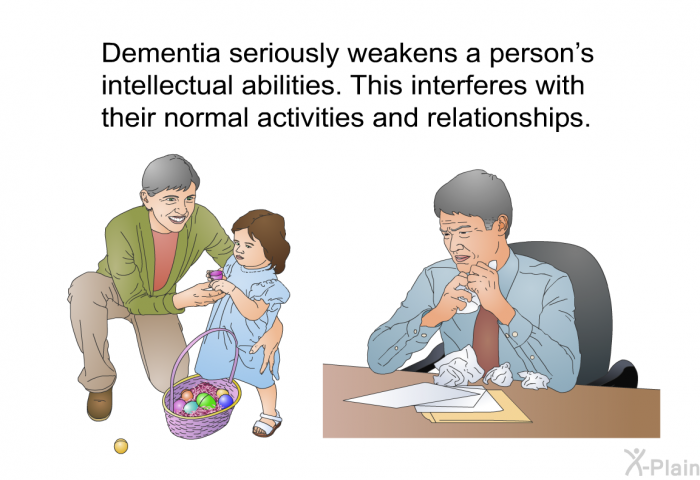Dementia seriously weakens a person's intellectual abilities. This interferes with their normal activities and relationships.