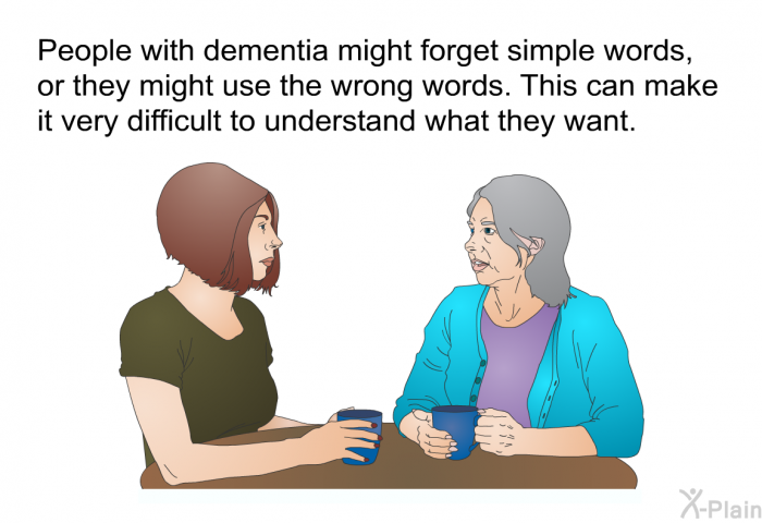 People with dementia might forget simple words, or they might use the wrong words. This can make it very difficult to understand what they want.