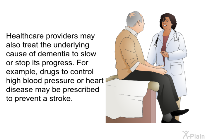 Healthcare providers may also treat the underlying cause of dementia to slow or stop its progress. For example, drugs to control high blood pressure or heart disease may be prescribed to prevent a stroke.