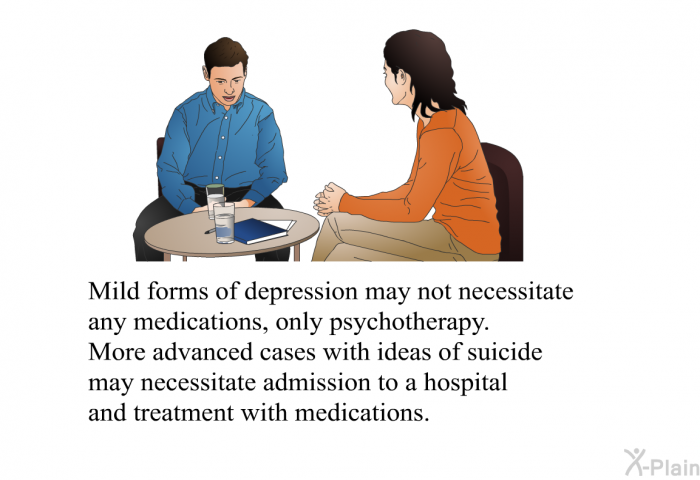 Mild forms of depression may not necessitate any medications, only psychotherapy. More advanced cases with ideas of suicide may necessitate admission to a hospital and treatment with medications.