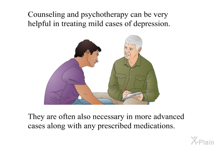 Counseling and psychotherapy can be very helpful in treating mild cases of depression. They are often also necessary in more advanced cases along with any prescribed medications.