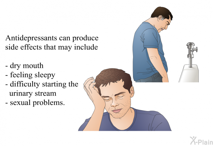 Antidepressants can produce side effects that may include:  dry mouth feeling sleepy difficulty starting the urinary stream sexual problems.