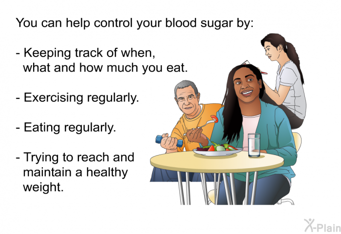 You can help control your blood sugar by:  Keeping track of when, what and how much you eat. Exercising regularly. Eating regularly. Trying to reach and maintain a healthy weight.