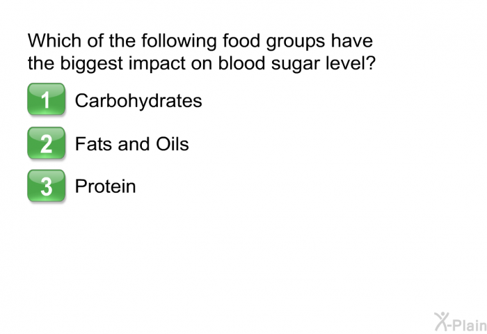 Which of the following food groups have the biggest impact on blood sugar level?  Carbohydrates Fats and Oils Protein