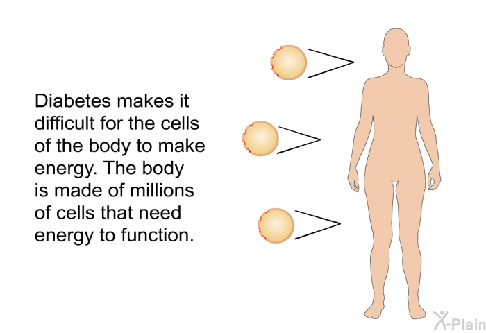 Diabetes makes it difficult for the cells of the body to make energy.The body is made of millions of cells that need energy to function.