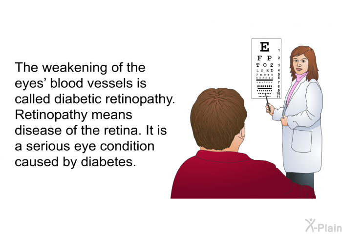 The weakening of the eyes' blood vessels is called diabetic retinopathy. Retinopathy means disease of the retina. It is a serious eye condition caused by diabetes.