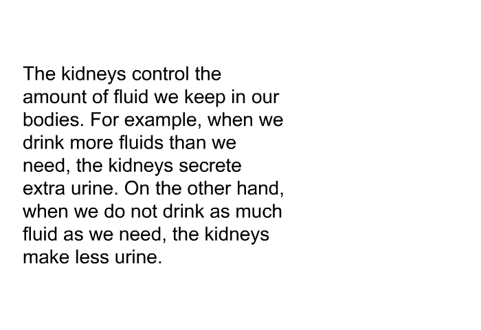 The kidneys control the amount of fluid we keep in our bodies. For example, when we drink more fluids than we need, the kidneys secrete extra urine. On the other hand, when we do not drink as much fluid as we need, the kidneys make less urine.