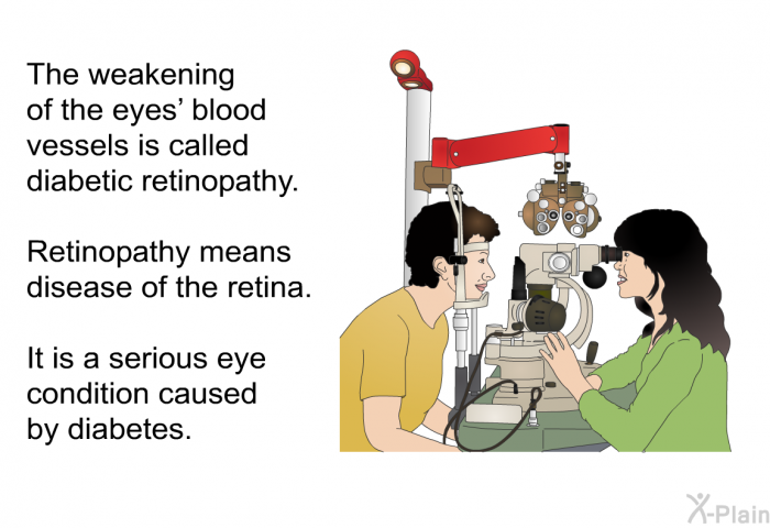 The weakening of the eyes' blood vessels is called diabetic retinopathy. Retinopathy means disease of the retina. It is a serious eye condition caused by diabetes.