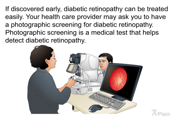 If discovered early, diabetic retinopathy can be treated easily. Your health care provider may ask you to have a photographic screening for diabetic retinopathy. Photographic screening is a medical test that helps detect diabetic retinopathy.