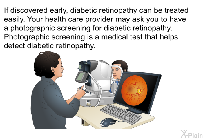 If discovered early, diabetic retinopathy can be treated easily. Your health care provider may ask you to have a photographic screening for diabetic retinopathy. Photographic screening is a medical test that helps detect diabetic retinopathy.