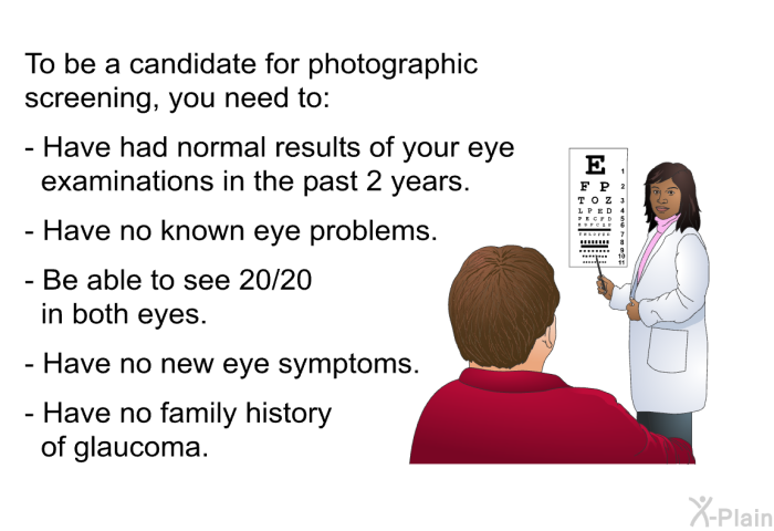 To be a candidate for photographic screening, you need to:  Have had normal results of your eye examinations in the past 2 years. Have no known eye problems. Be able to see 20/20 in both eyes. Have no new eye symptoms. Have no family history of glaucoma.