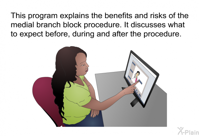 This health information explains the benefits and risks of the medial branch block procedure. It discusses what to expect before, during and after the procedure.