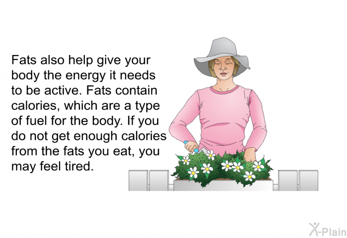 Fats also help give your body the energy it needs to be active. Fats contain calories, which are a type of fuel for the body. If you do not get enough calories from the fats you eat, you may feel tired.