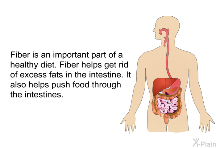 Fiber is an important part of a healthy diet. Fiber helps get rid of excess fats in the intestine. It also helps push food through the intestines.