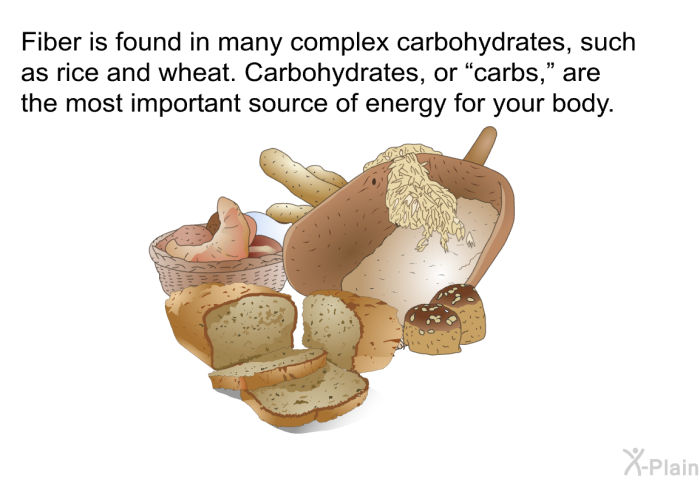 Fiber is found in many complex carbohydrates, such as rice and wheat. Carbohydrates, or “carbs,” are the most important source of energy for your body.