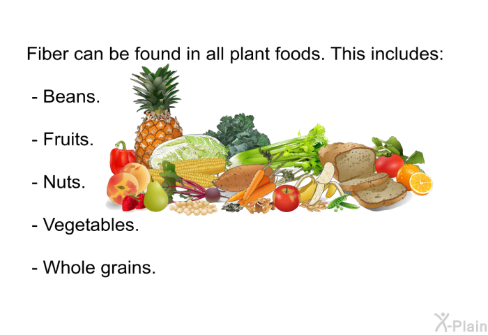 Fiber can be found in all plant foods. This includes:  Beans. Fruits. Nuts. Vegetables. Whole grains.