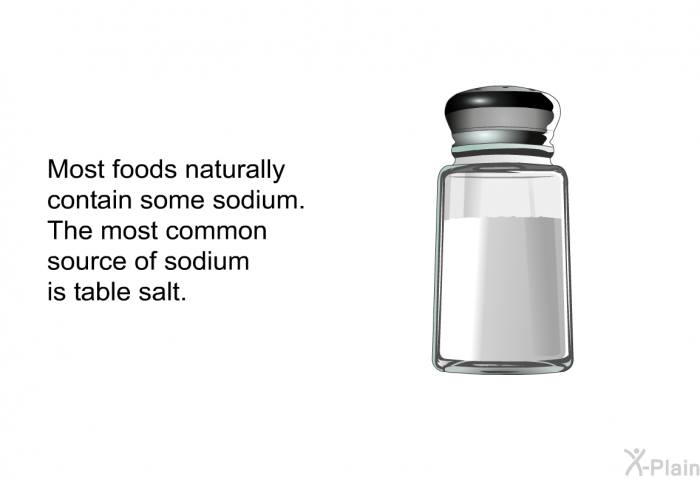 Most foods naturally contain some sodium. The most common source of sodium is table salt.