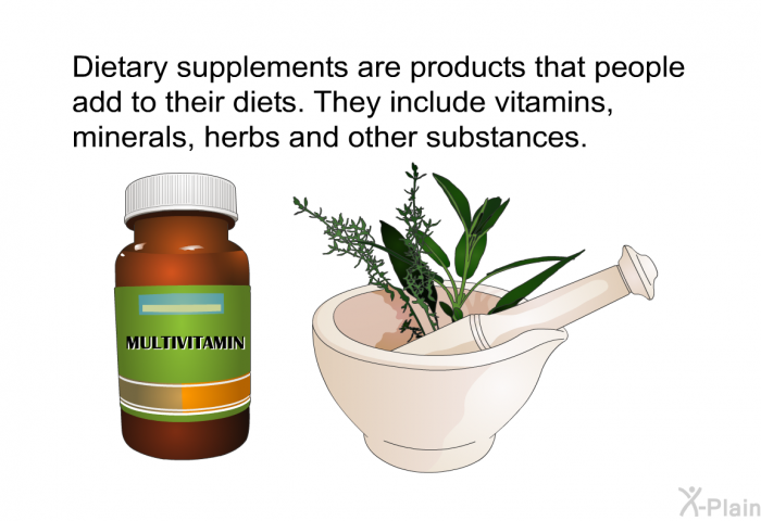 Dietary supplements are products that people add to their diets. They include vitamins, minerals, herbs and other substances.