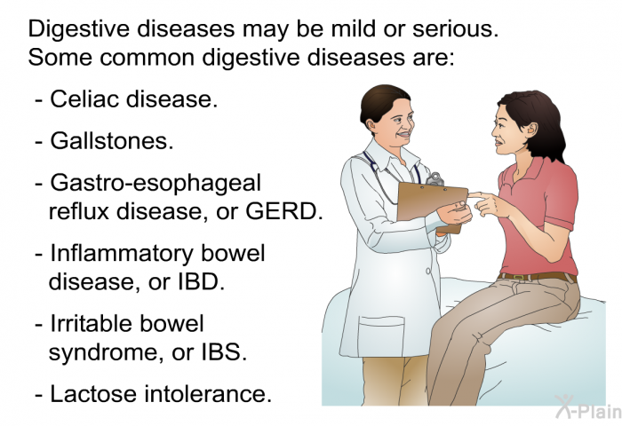Digestive diseases may be mild or serious. Some common digestive diseases are:  Celiac disease. Gallstones. Gastro-esophageal reflux disease, or GERD. Inflammatory bowel disease, or IBD. Irritable bowel syndrome, or IBS. Lactose intolerance.