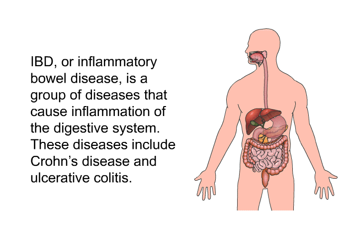IBD, or inflammatory bowel disease, is a group of diseases that cause inflammation of the digestive system. These diseases include Crohn's disease and ulcerative colitis.