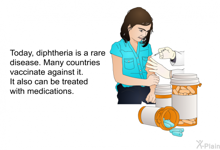Today, diphtheria is a rare disease. Many countries vaccinate against it. It also can be treated with medications.