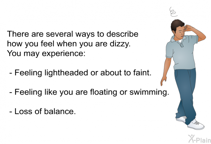 There are several ways to describe how you feel when you are dizzy. You may experience:  Feeling lightheaded or about to faint. Feeling like you are floating or swimming. Loss of balance.