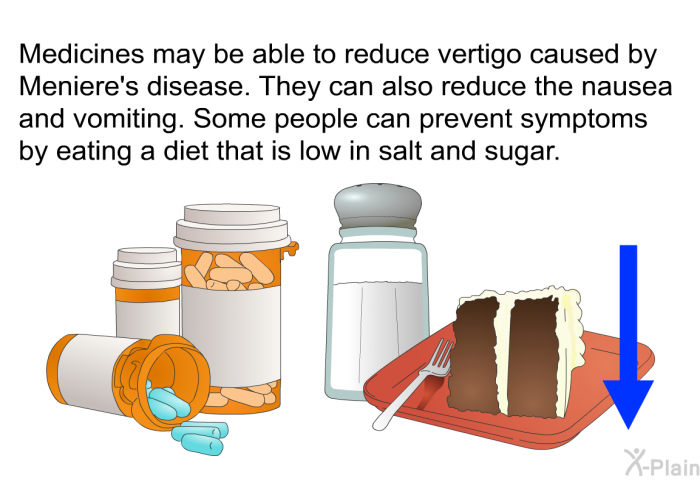 Medicines may be able to reduce vertigo caused by Meniere's disease. They can also reduce the nausea and vomiting. Some people can prevent symptoms by eating a diet that is low in salt and sugar.