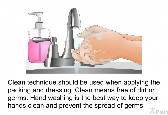 Clean technique should be used when applying the packing and dressing. Clean means free of dirt or germs. Hand washing is the best way to keep your hands clean and prevent the spread of germs.