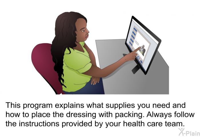 This health information explains what supplies you need and how to place the dressing with packing. Always follow the instructions provided by your health care team.