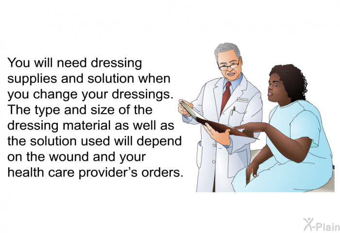 You will need dressing supplies and solution when you change your dressings. The type and size of the dressing material as well as the solution used will depend on the wound and your health care provider's orders.