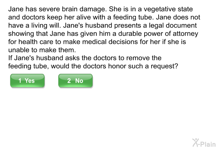 Jane has severe brain damage. She is in a vegetative state and doctors keep her alive with a feeding tube. Jane does not have a living will. Jane's husband presents a legal document showing that Jane has given him a durable power of attorney for health care to make medical decisions for her if she is unable to make them. If Jane's husband asks the doctors to remove the feeding tube, would the doctors honor such a request?