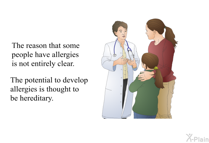 The reason that some people have allergies is not entirely clear. The potential to develop allergies is thought to be hereditary.