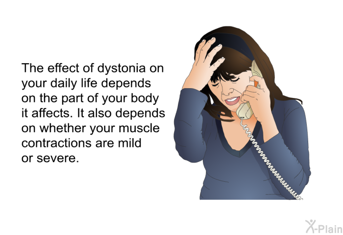 The effect of dystonia on your daily life depends on the part of your body it affects. It also depends on whether your muscle contractions are mild or severe.