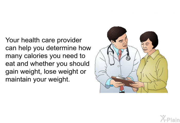 Your health care provider can help you determine how many calories you need to eat and whether you should gain weight, lose weight or maintain your weight.