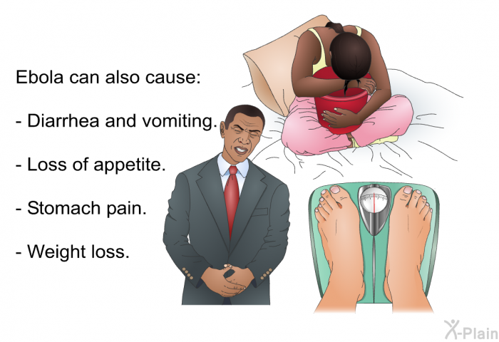 Ebola can also cause:  Diarrhea and vomiting. Loss of appetite. Stomach pain. Weight loss.